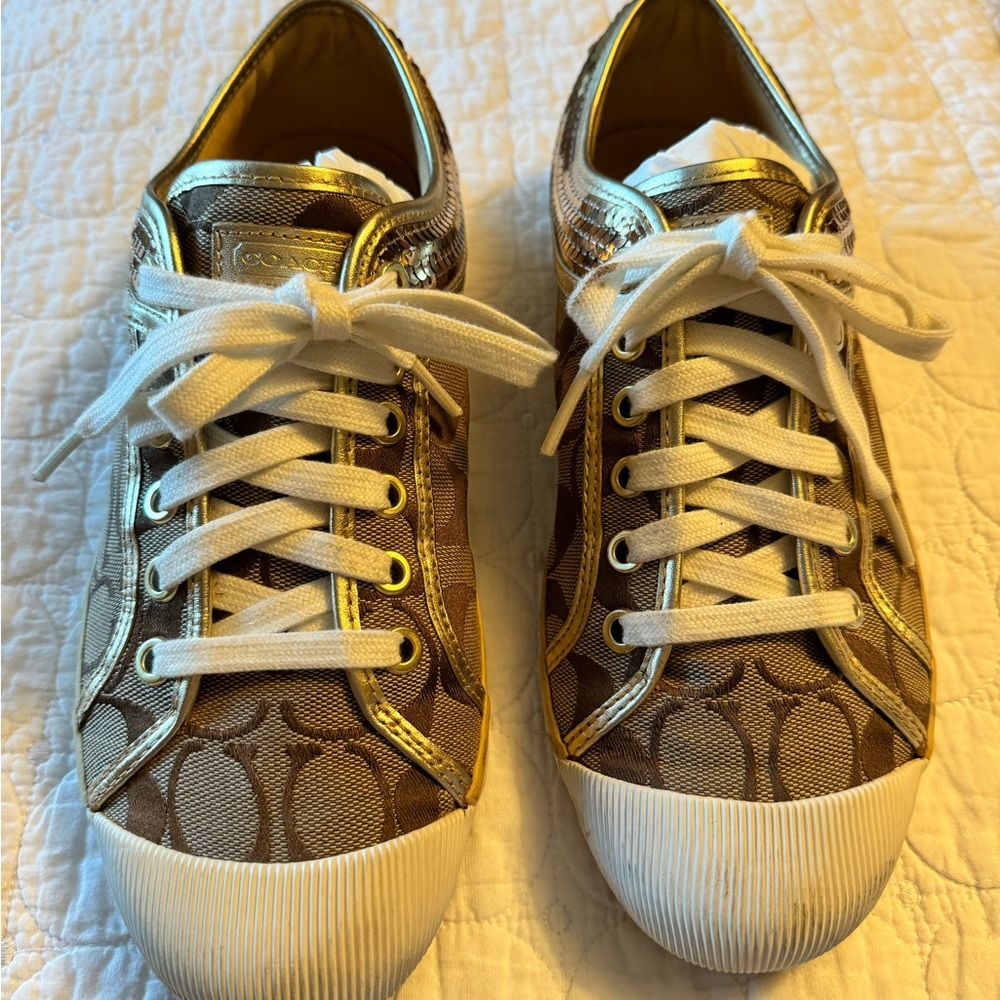 Coach sequin sneakers 9.5 great used condition khaki logo